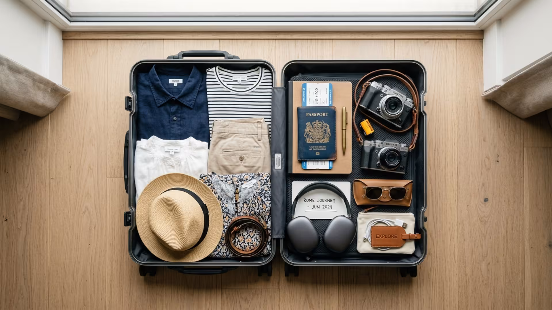 Mala de viagem organizada com passaporte, roupas e acessórios essenciais