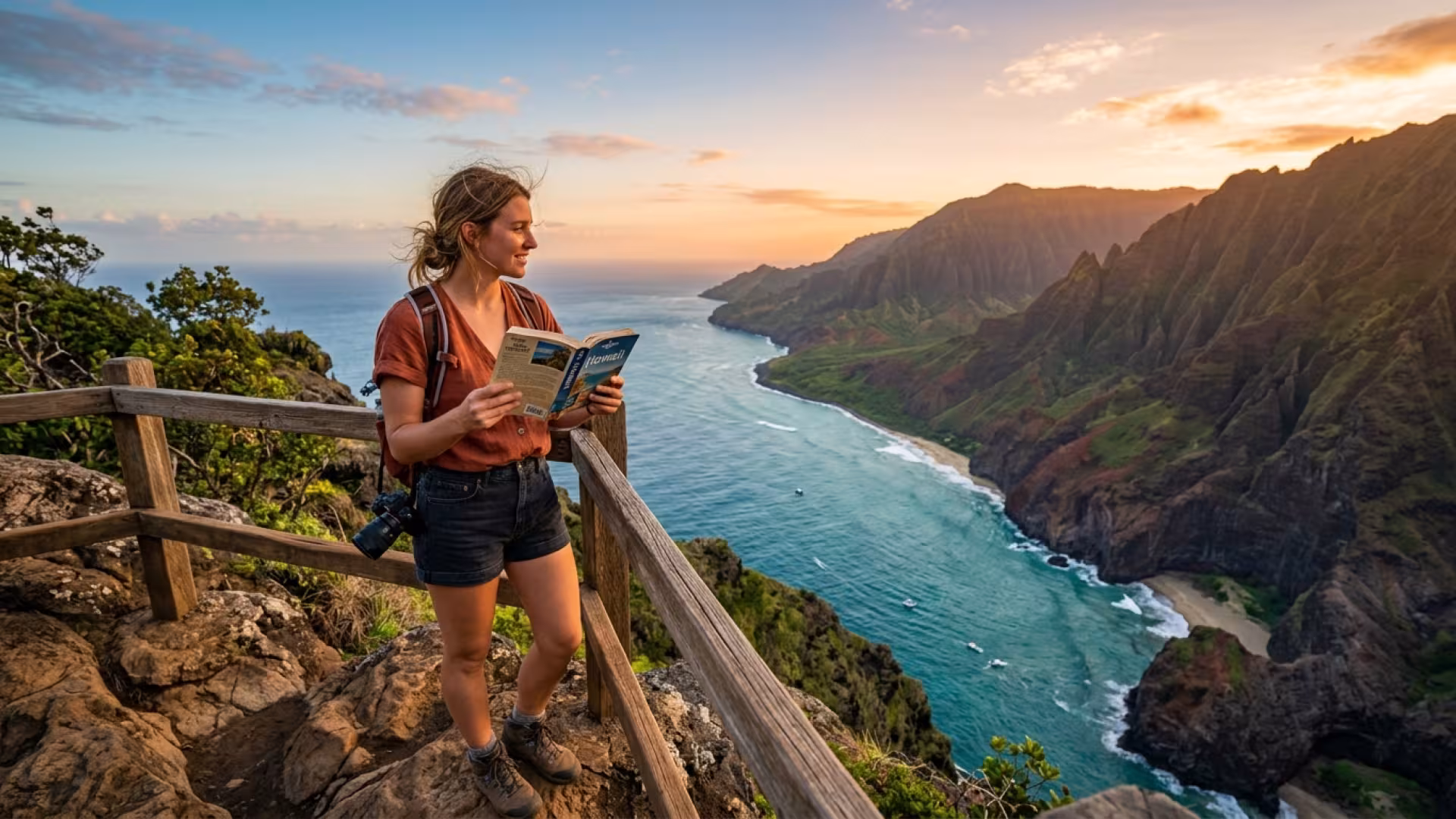 Viajante planejando viagem com vista deslumbrante para o litoral e montanhas tropicais