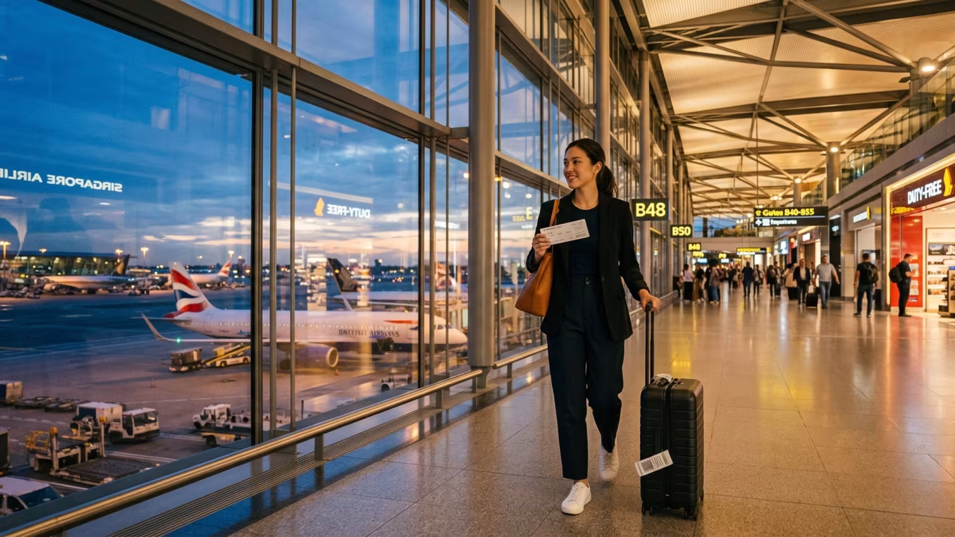 Viajante moderna com mala de mão caminhando por aeroporto internacional ao entardecer