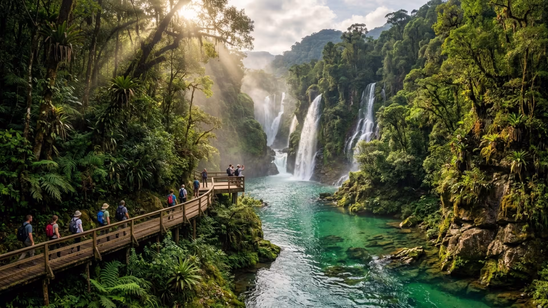 Cânion exuberante com rio de águas esmeralda e cachoeiras deslumbrantes em meio à floresta