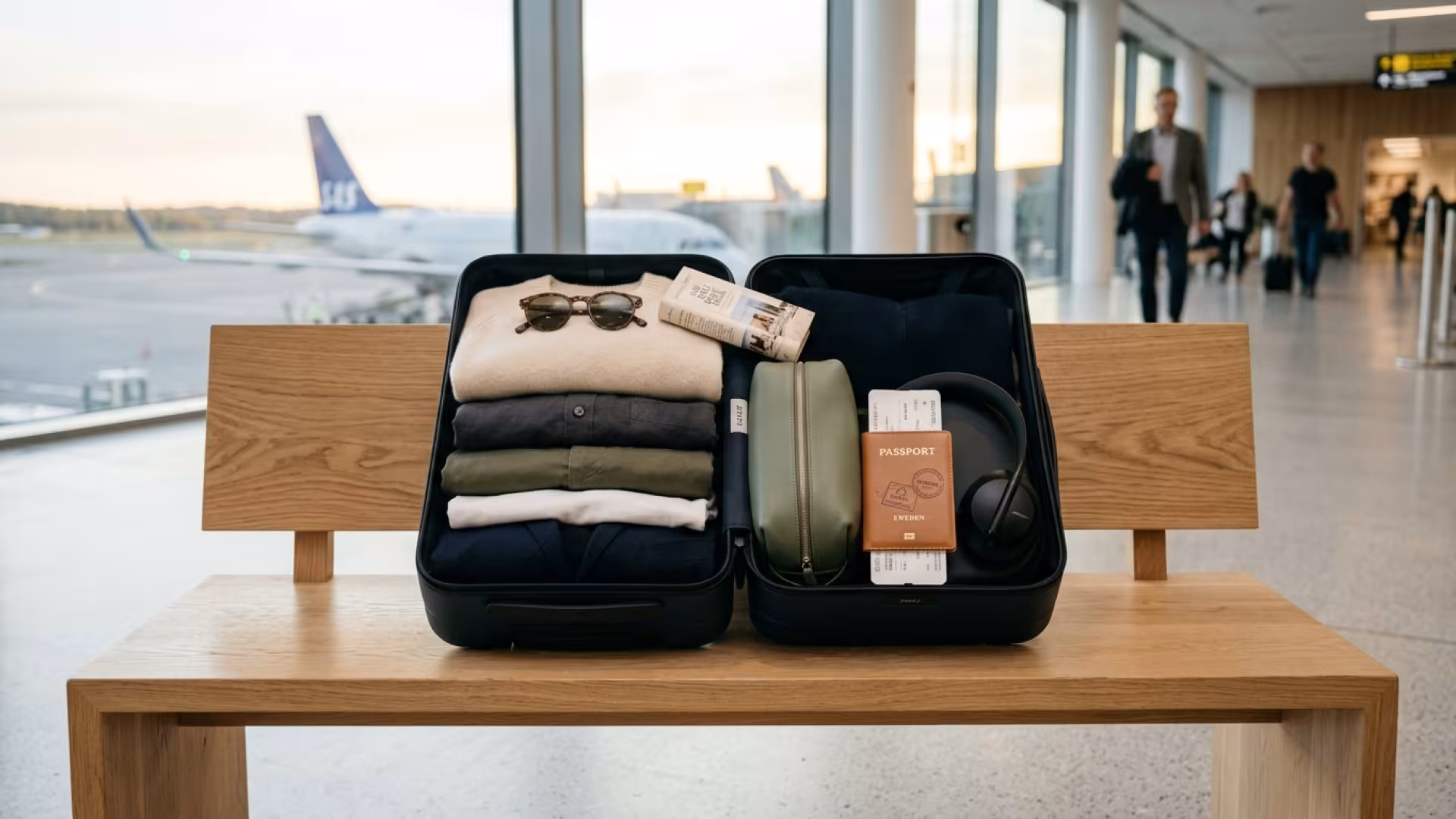 Mala de bordo compacta e sofisticada com peças de vestuário coordenadas para viagem