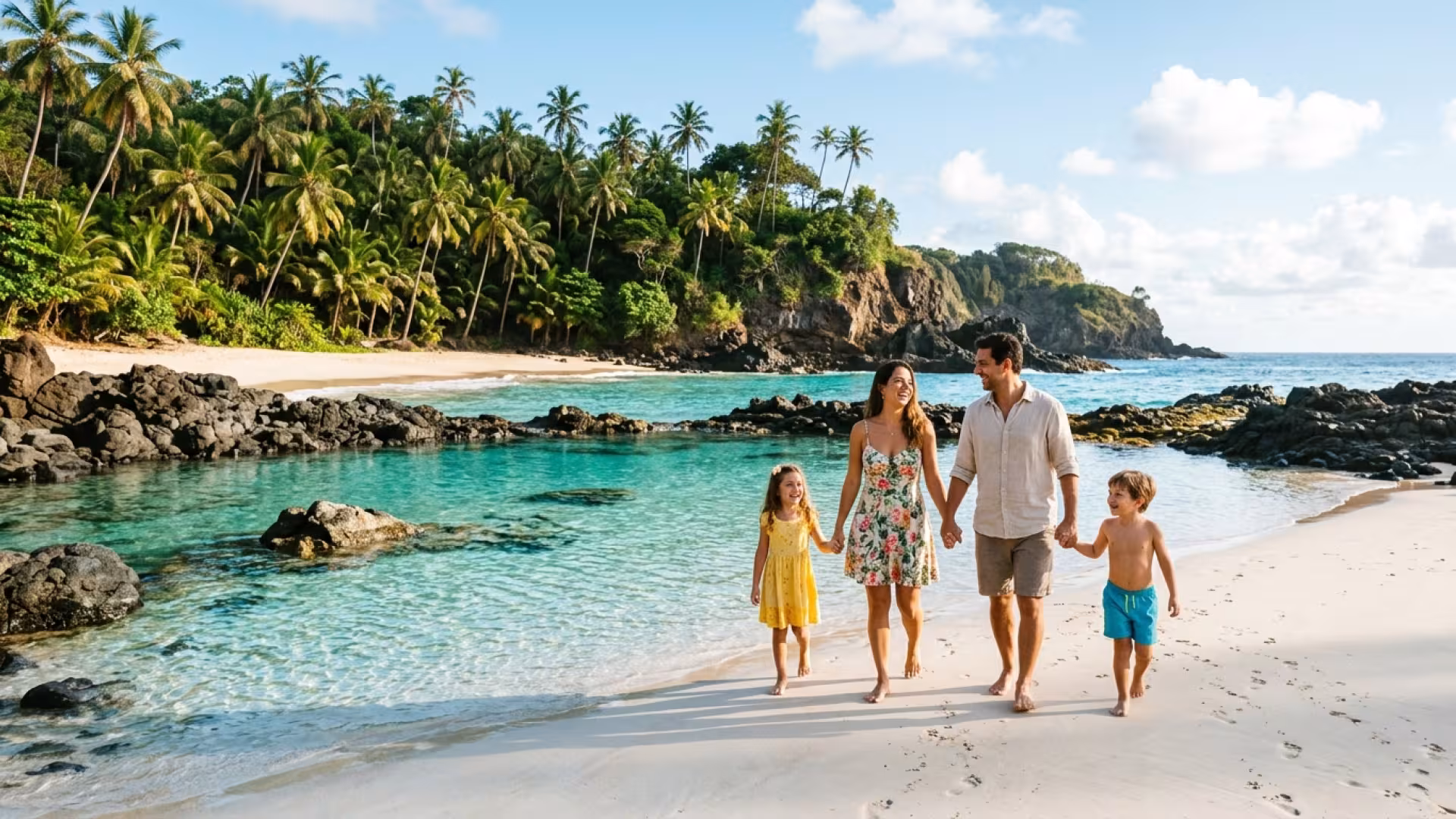 Família alegre caminhando pelas águas calmas e transparentes de uma praia no Nordeste
