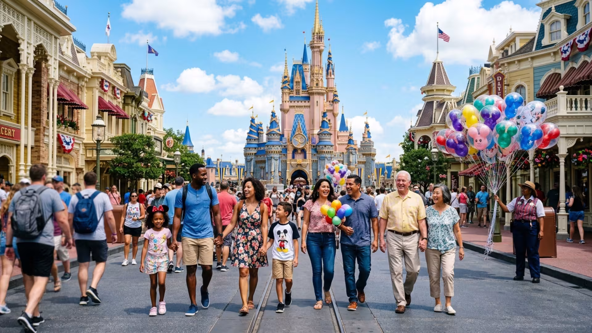 Família feliz e turistas caminhando em frente ao castelo da Disney em Orlando