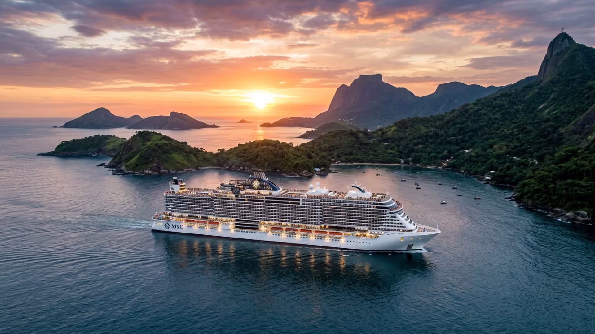 Navio de cruzeiro sofisticado navegando pelo litoral tropical brasileiro ao pôr do sol
