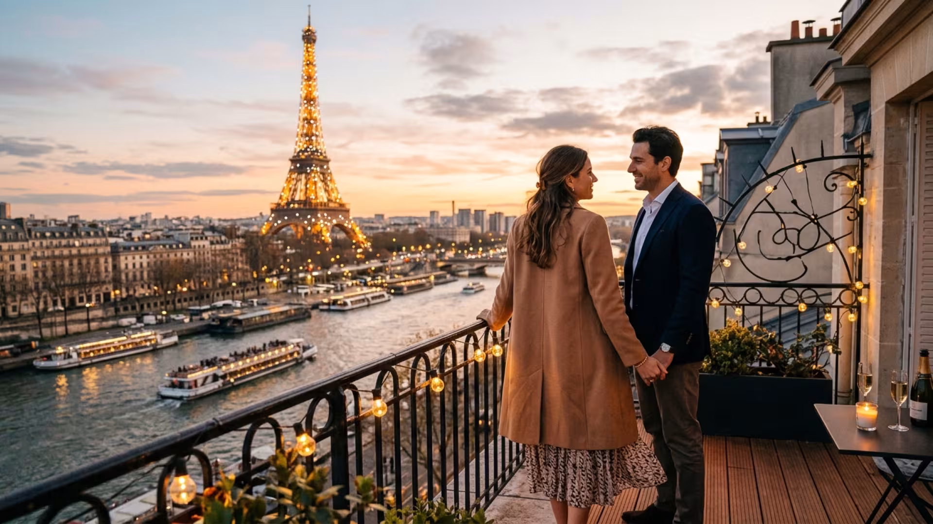 Casal romântico em terraço parisiense com vista para a Torre Eiffel ao entardecer