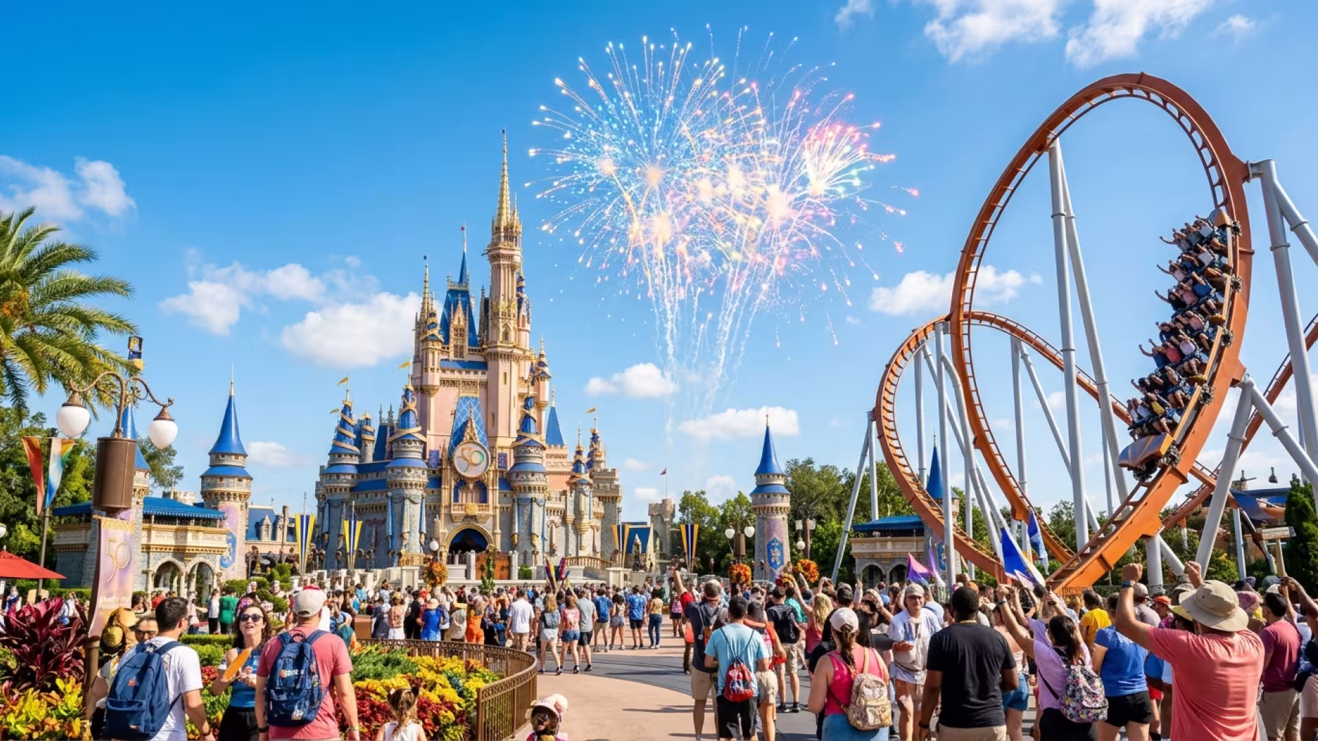 Castelo icônico e montanha-russa vibrante em Orlando com fogos de artifício